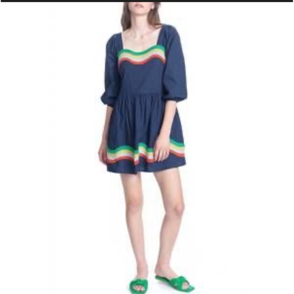 NWT Corey Lynn Calter Ophellia Mini DressSea Rainbow Trim Puff Sleeve